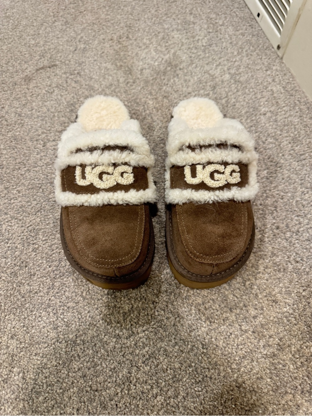 UGG Brown Suede Shearling Slide Slippers with Cream Trim